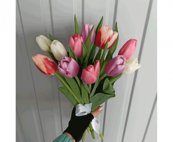 11 тюльпанов цвета микс, лента в Армянске