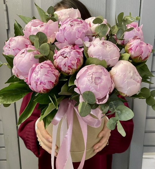 Пионы 13 шт. в шляпной коробке в Армянске