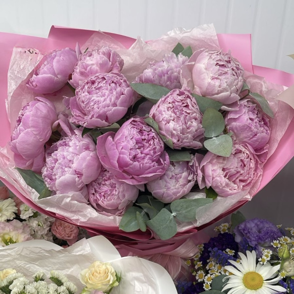 Букет 13 нежных пионов в упаковке в Армянске