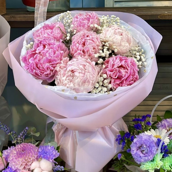 Букет 7 нежных пионов с гипсофилой в Армянске